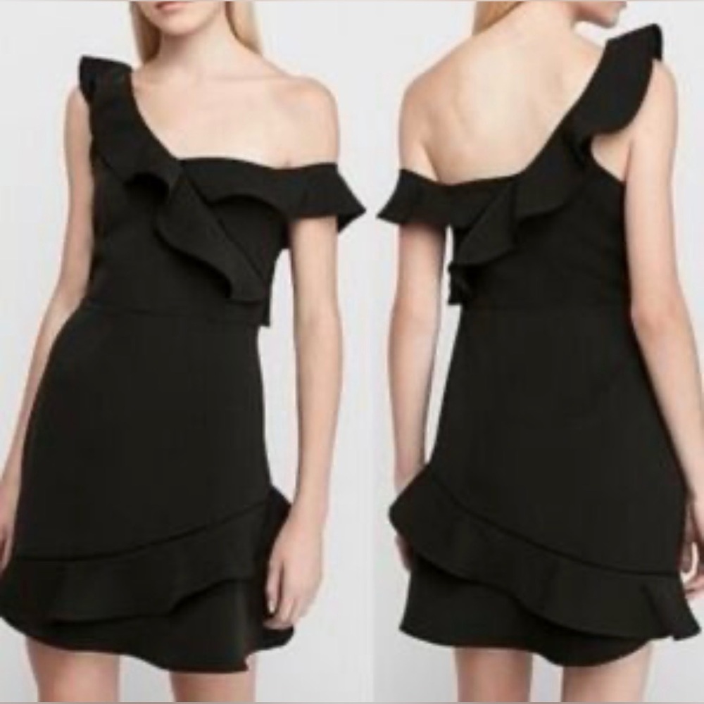 Express Dress One-Shoulder Ruffles Sleeveless Classic Black Tie Formal Women S